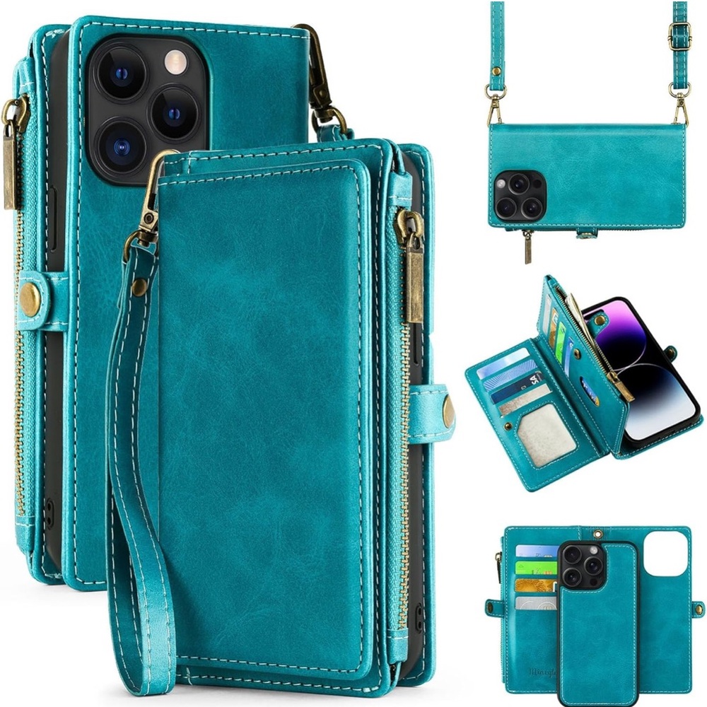 Teal Wallet Phone Case with Wrist Strap - Compatible Cell Phone Case